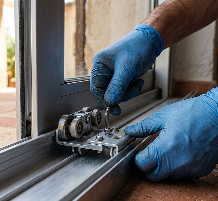Technician repairing a sliding aluminium door track in a Dubai apartment