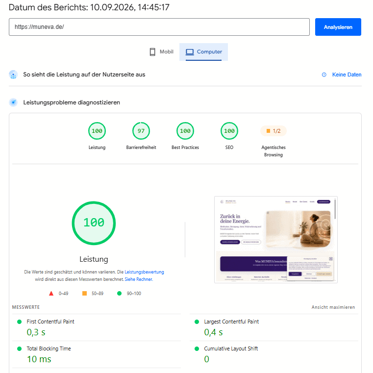 Google PageSpeed Insights Desktop-Test von MUNEVA mit 100 Punkten Performance und 100 SEO
