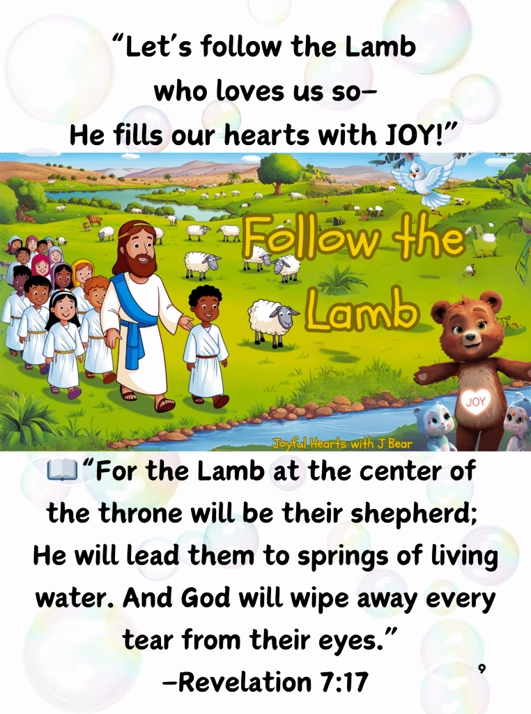 Joyful bear and two lambs resting in a flower-filled meadow, guided by a shepherd figure under a rainbow. Inspired by Revelation 7:17—“He will lead them to springs of living water.”