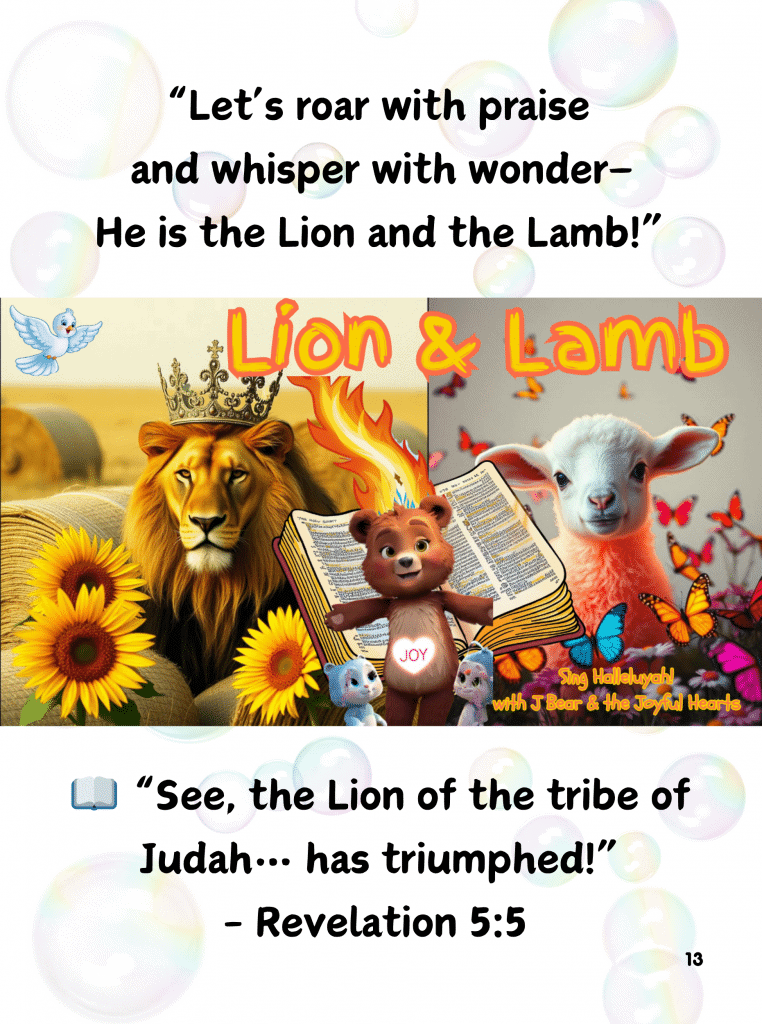 A crowned lion roars with musical praise, surrounded by vibrant colors and symbols of divine authority. Inspired by the Joy Bubble song “He Is the Lion.”