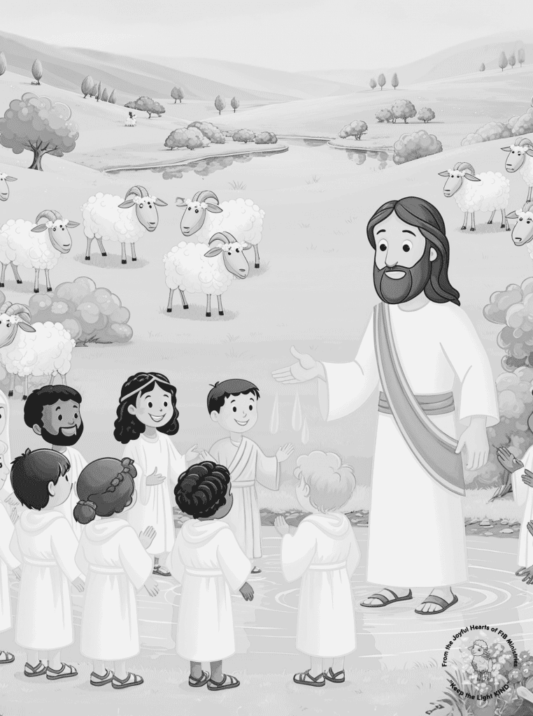 “Jesus gently washing a child in radiant light, surrounded by bubbles of grace and symbols of cleansing. A joyful invitation to celebrate forgiveness, purity, and new beginnings through coloring and song.”