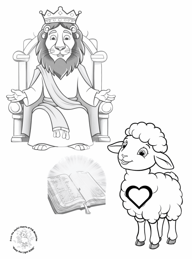 “Jesus crowned in glory, seated on a throne of grace with arms open wide. Below, the Holy Bible and a gentle lamb with a heart invite children to worship through coloring and song.”