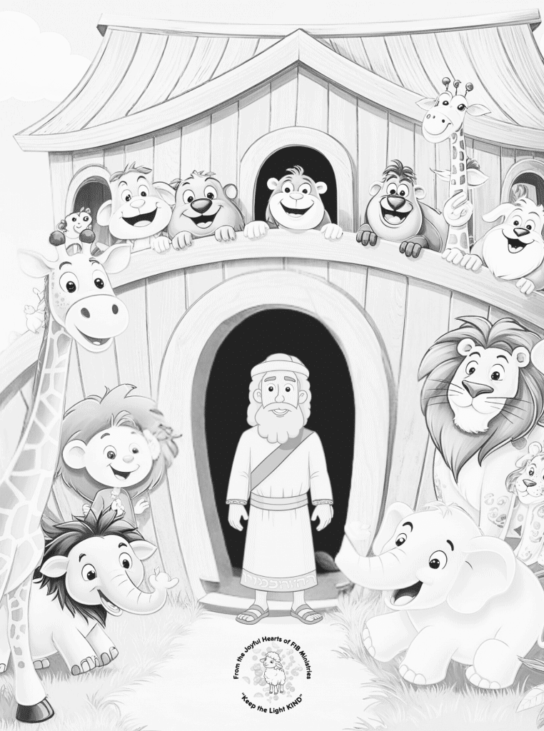 “Noah’s ark filled with joyful animals, ready to sail at God’s command. Children color the critters and reflect on obedience, trust, and divine timing.”