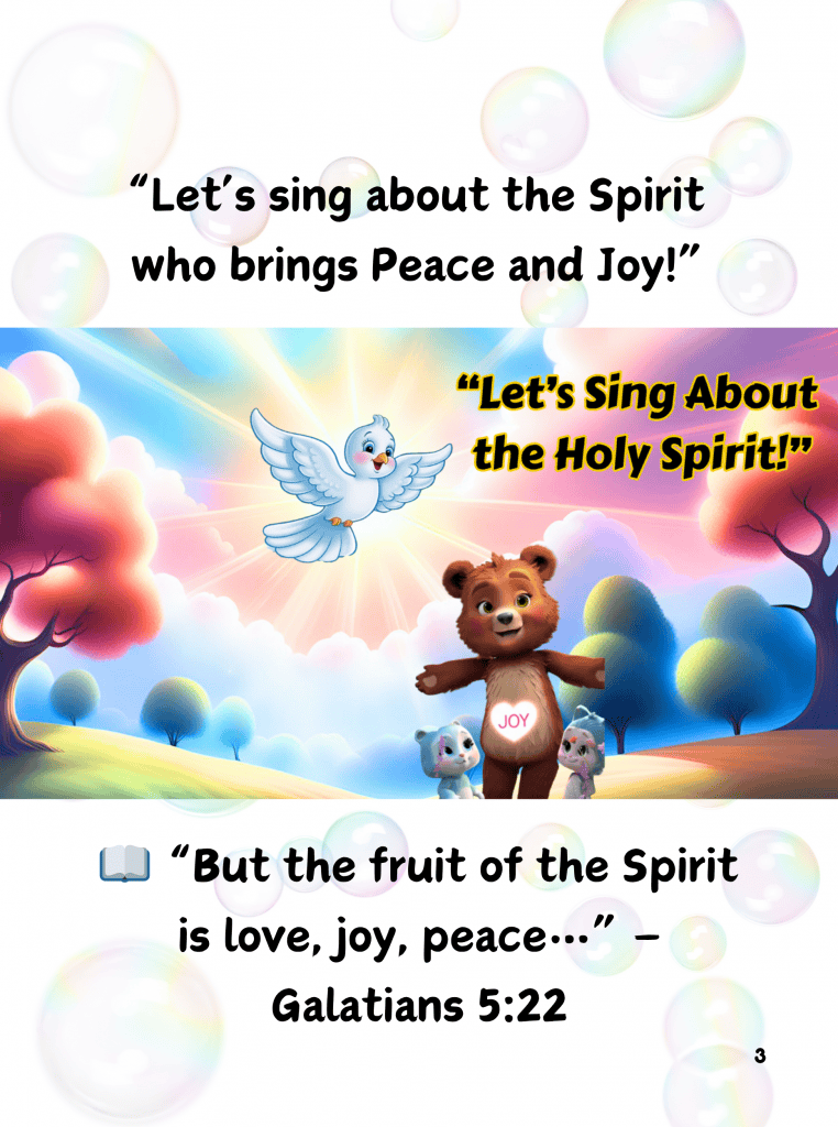 White dove soaring above a joyful bear with “JOY” on its chest, flanked by two kittens in a bright, animated forest scene..