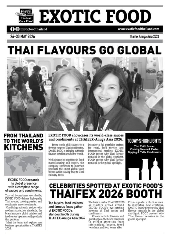 Newspaper photo print from a food trade fair with the headline 'Thai flavours go global'