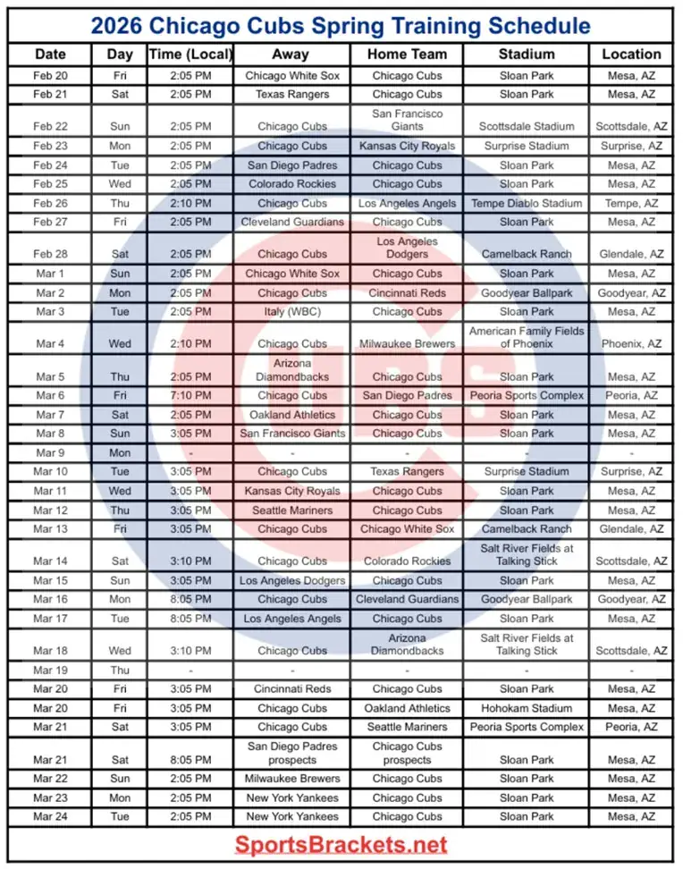 2026 Chicago Cubs Spring Training Schedule