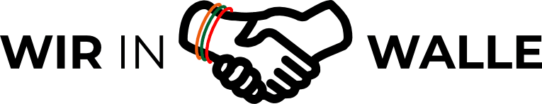 Logo der Dorfgemeinschaft Walle ‚Wir in Walle‘: Moderner Schriftzug und zwei sich freundschaftlich schüttelnde Hände in der Mitte, an einem Handgelenk drei Armbänder in den Vereinsfarben der drei großen Dorfvereine.