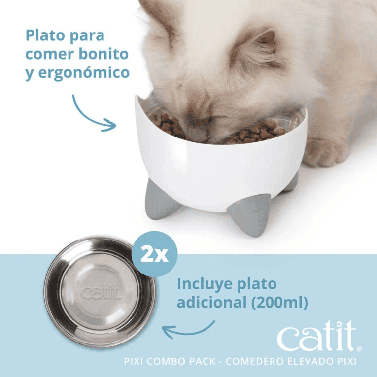 Combo Catit PIXI Blanco Fuente y Comedero para gato, detalle