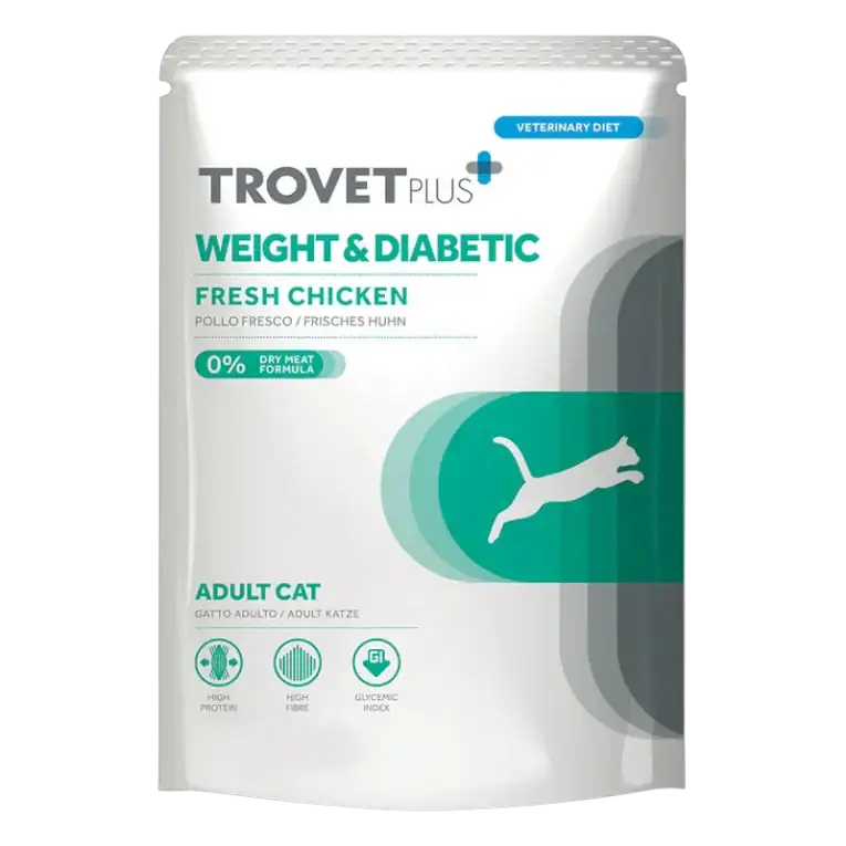 Trovet Plus Weight & Diabetic, comida húmeda para gatos con pollo fresco para control de peso y diabetes – sobre de 85 g
