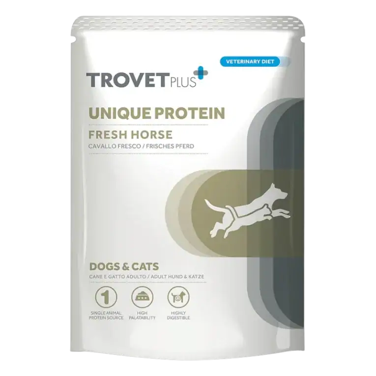 Trovet Plus Unique Protein Caballo, comida h&uacute;meda para perros y gatos con caballo para dieta monoproteica de eliminaci&oacute;n &ndash; sobre de 300 g