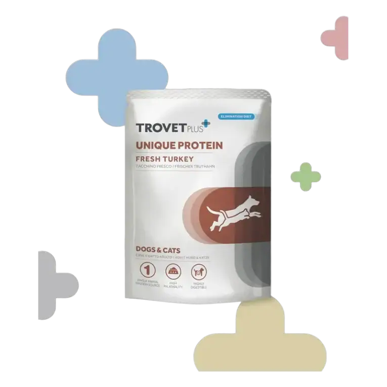 Sobre de Trovet Plus Unique Protein Pavo, alimento húmedo veterinario para perros y gatos con pavo (300 g)