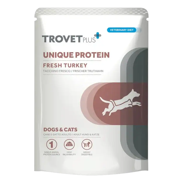 Trovet Plus Unique Protein Pavo, comida húmeda para perros y gatos con pavo para dieta monoproteica de eliminación – sobre de 300 g