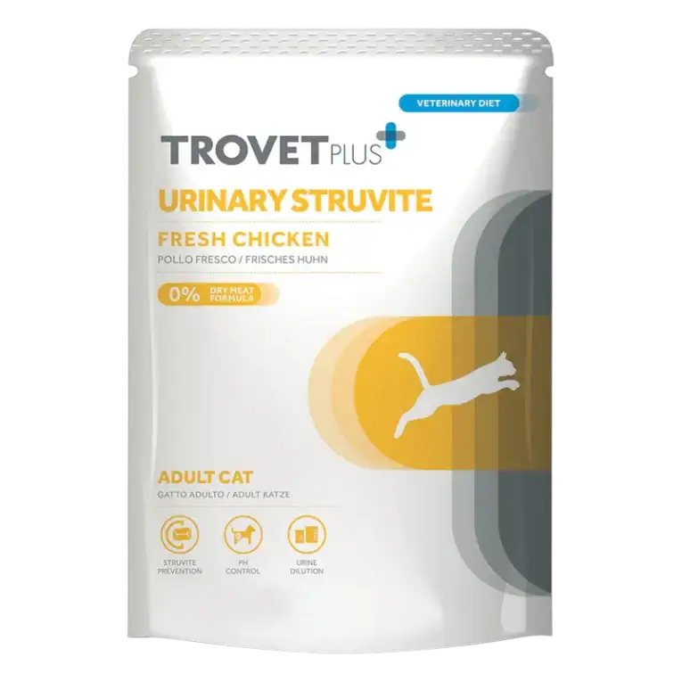 Trovet Plus Urinary Struvite, comida húmeda para gatos con pollo fresco para soporte urinario y disolución de estruvita – sobre de 85 g