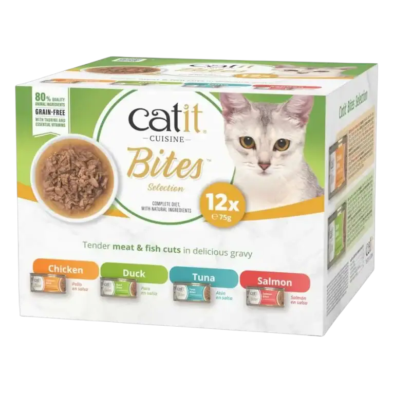 Caja de comida húmeda Catit Cuisine Bites Selection para gatos, pack variado de 12 latas de 75 g