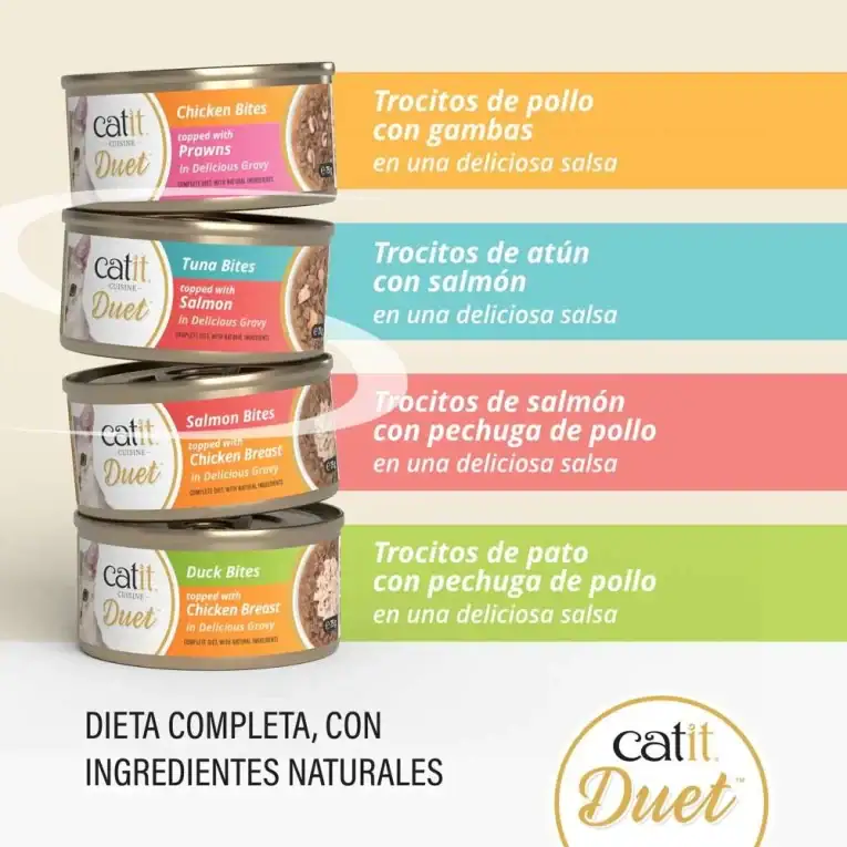Sabores de Catit Cuisine Duet Selection para gatos: pollo con gambas, atún con salmón, salmón con pechuga de pollo y pato con pechuga de pollo