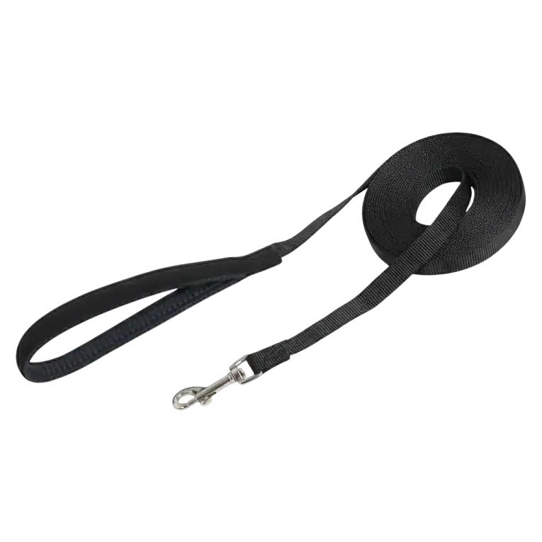 Correa de rastreo larga para perro de color negro con asa acolchada y mosquetón