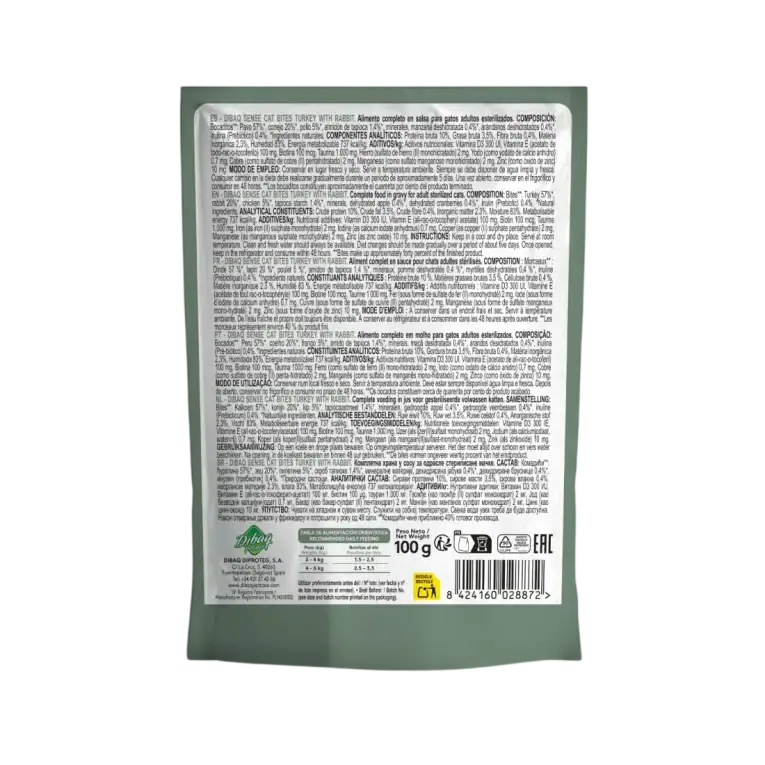 Reverso del sobre de Dibaq Sense Bocaditos en Salsa con Pavo y Conejo con informaci&oacute;n nutricional e ingredientes