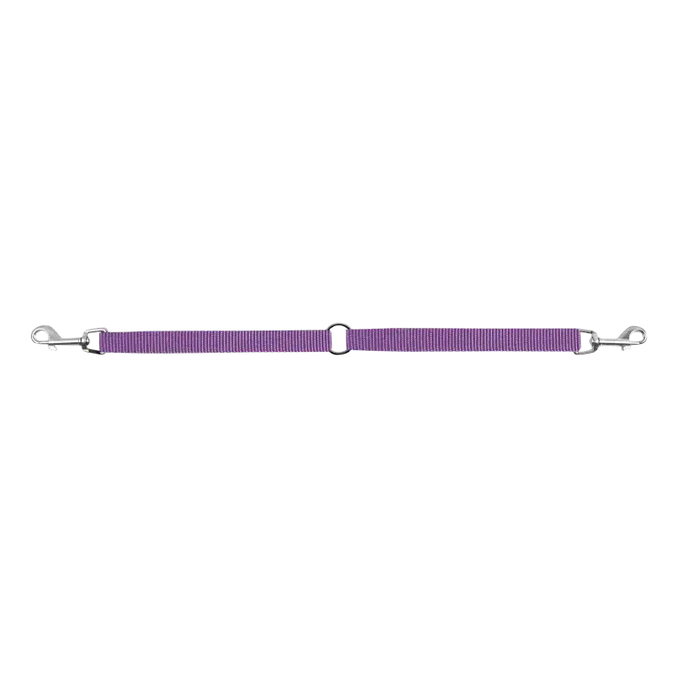 Adaptador doble o ramal para correa de perro de color morado con anilla central y dos mosquetones