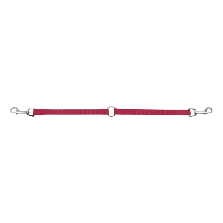 Adaptador doble o ramal para correa de perro de color rojo con anilla central y dos mosquetones