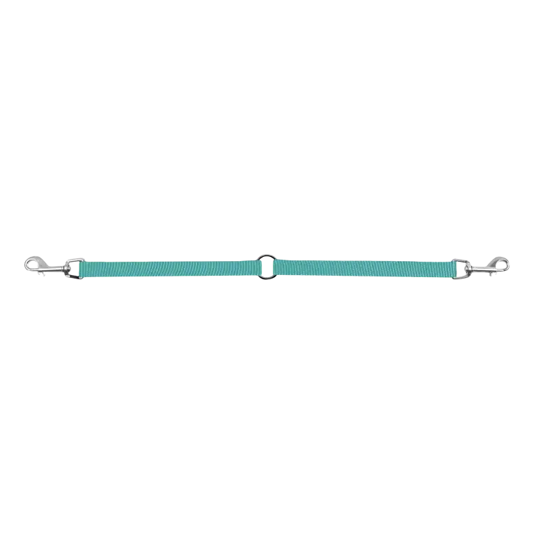 Adaptador doble o ramal para correa de perro de color turquesa con anilla central y dos mosquetones