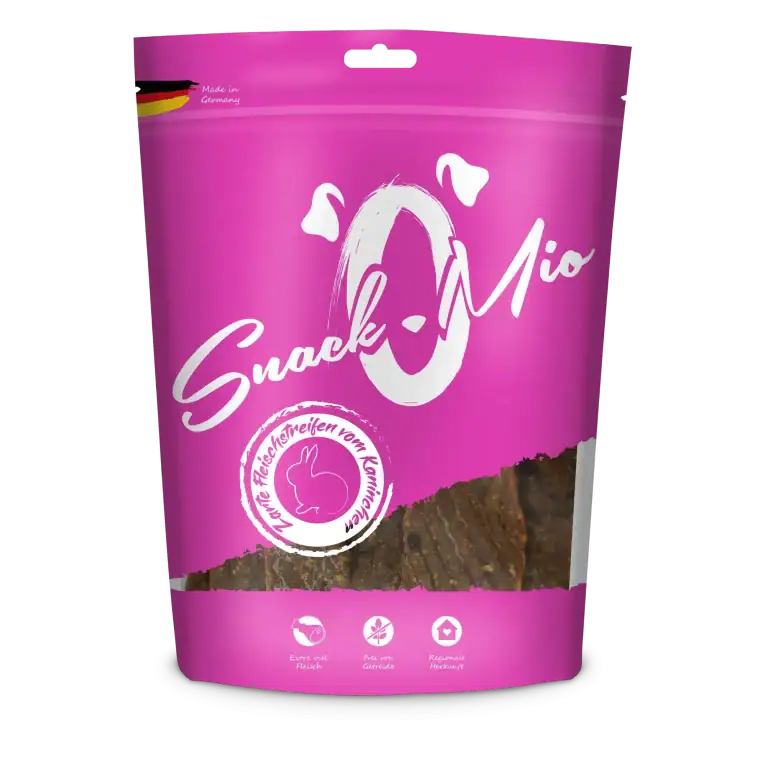 Bolsa de snack SnackOMio con tiras tiernas de carne de conejo para perros
