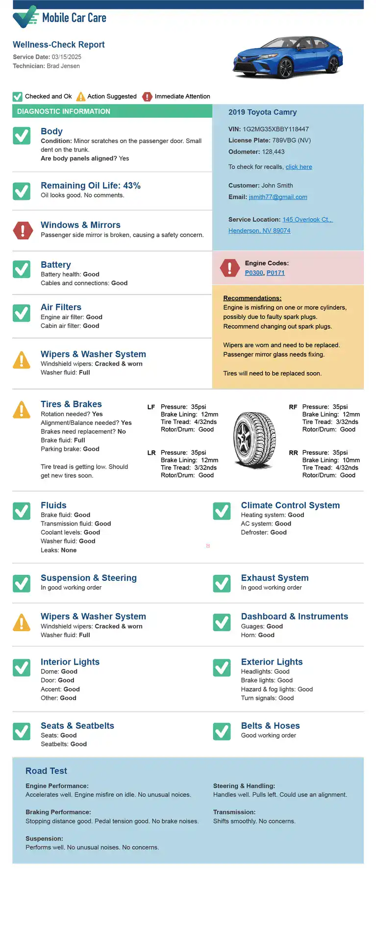 Mobile mechanic in North Las Vegas NV reviewing 85-point vehicle inspection report