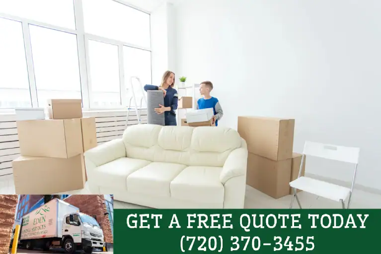Family preparing for a move with packed boxes and Eden’s Moving Services truck, promoting permit-ready and COI-ready moving quotes in Denver.