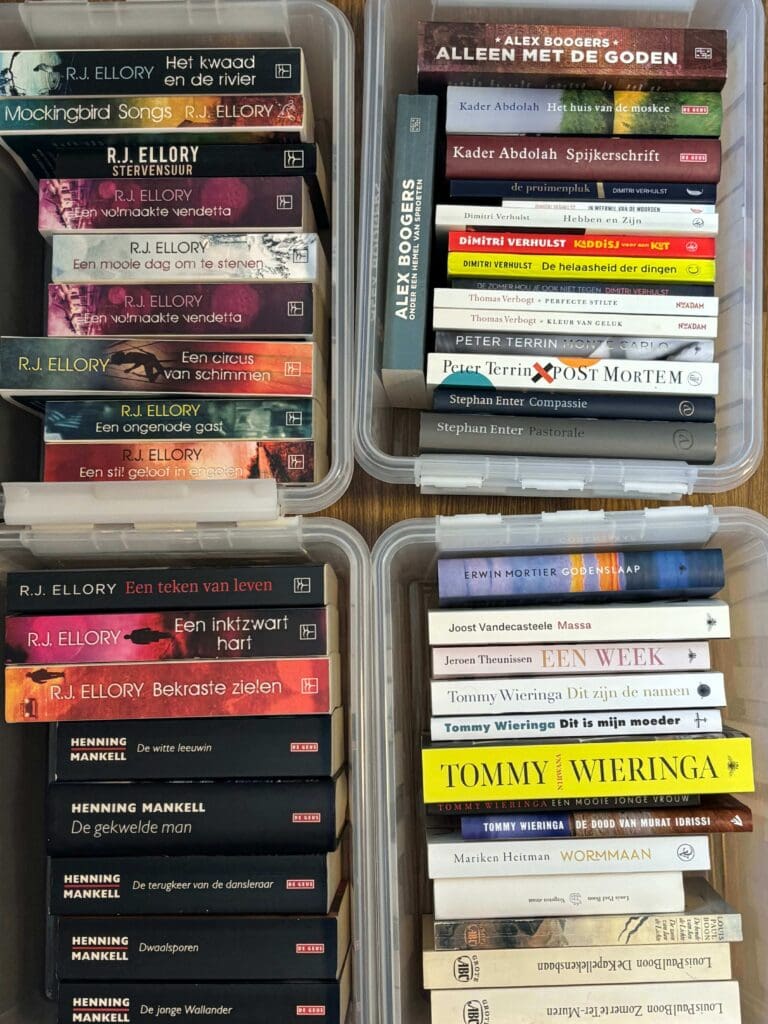 Selectie literaire romans te koop, waaronder werken van R.L. Ellory, Tommy Wieringa en Alex Boogers — boekverkoop Gent, 7 juni 2026
