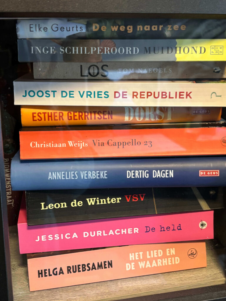 Selectie boeken te koop: onder meer van Joost De Vries, Annelies Verbeke, Leon De Winter en Jessica Durlacher — boekverkoop Gent, 7 juni 2026
