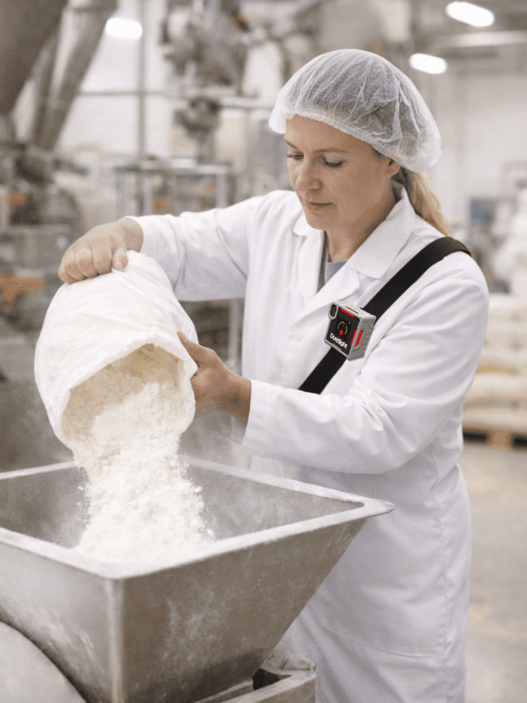 Mitarbeiterin schüttet Mehl in einen Edelstahlbehälter, dabei entsteht Staub in einer Produktionsanlage der Lebensmittelindustrie.