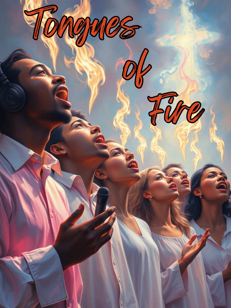 Cover of Tongues of Fire a cappella worship album by Faith to Bear Ministries™ featuring bold imagery of spiritual fire and vocal praise