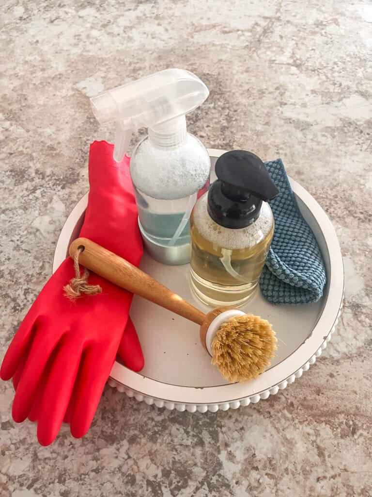 tray with hand soap, dish soap, and brush