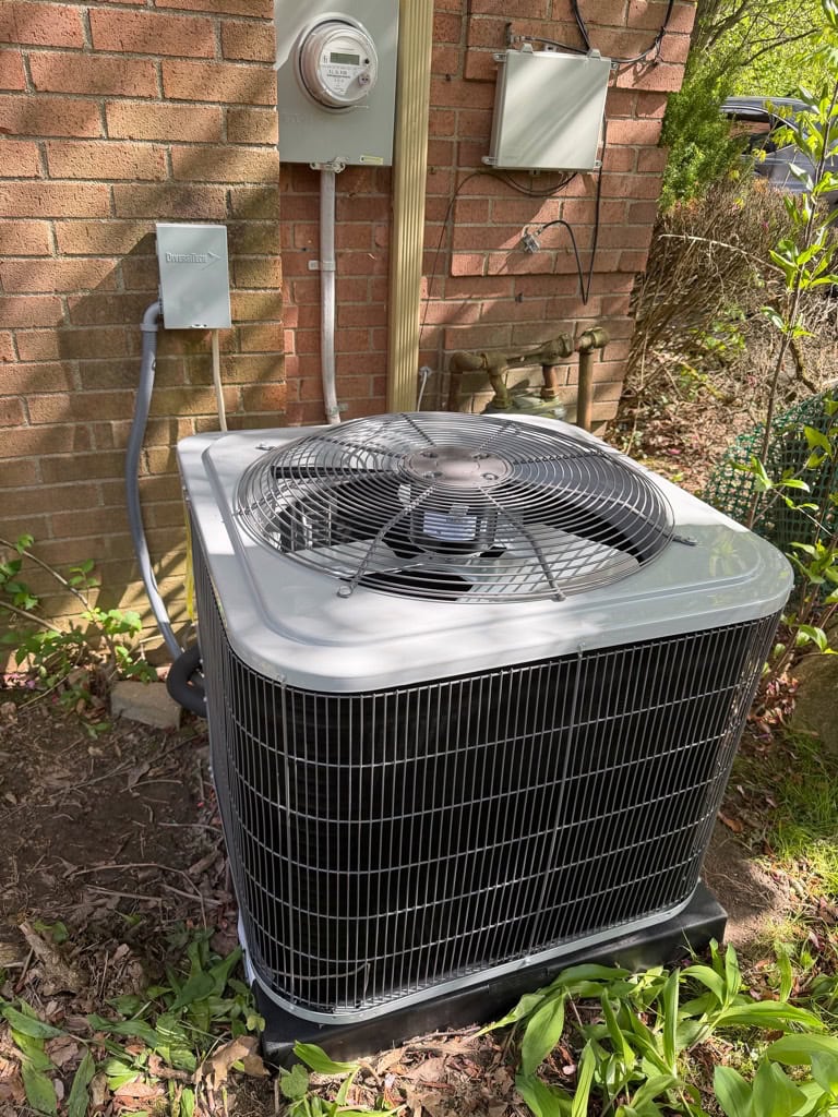 Outdoor AC condenser fan serviced by Hoffner Heating and Air in the Pittsburgh area