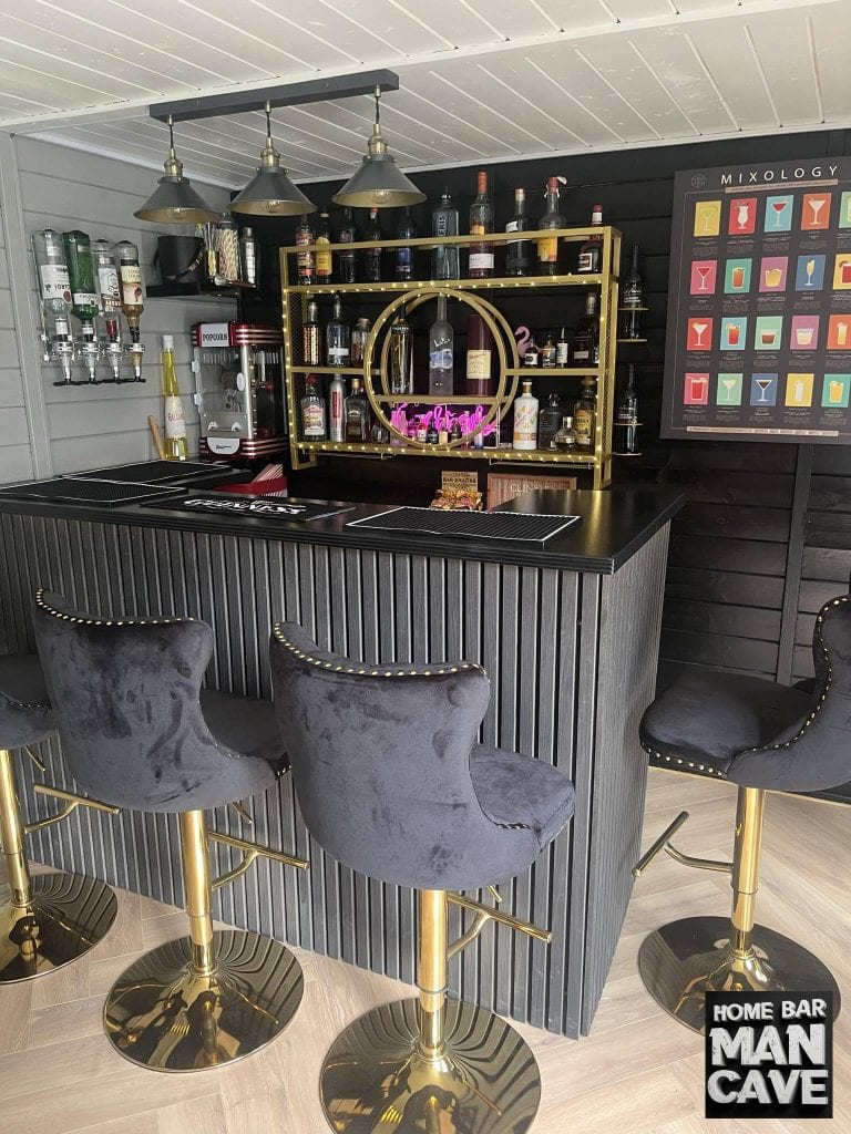 Our custom-made wooden bar with modern bar stools