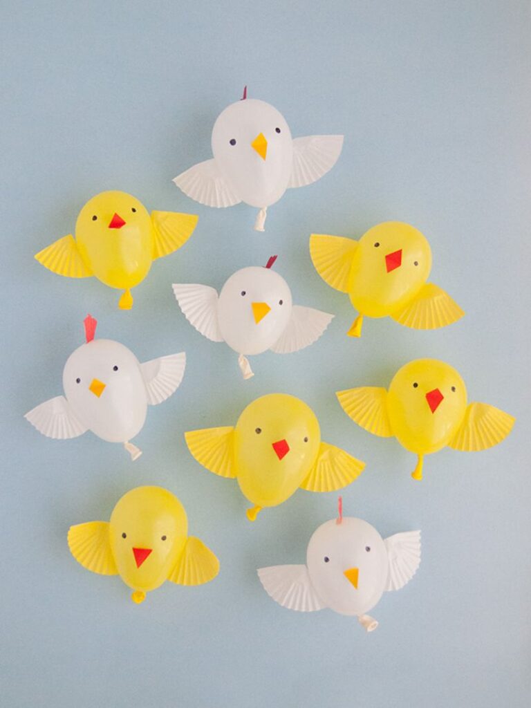 chicks and hens made with balloons and cupcake liners