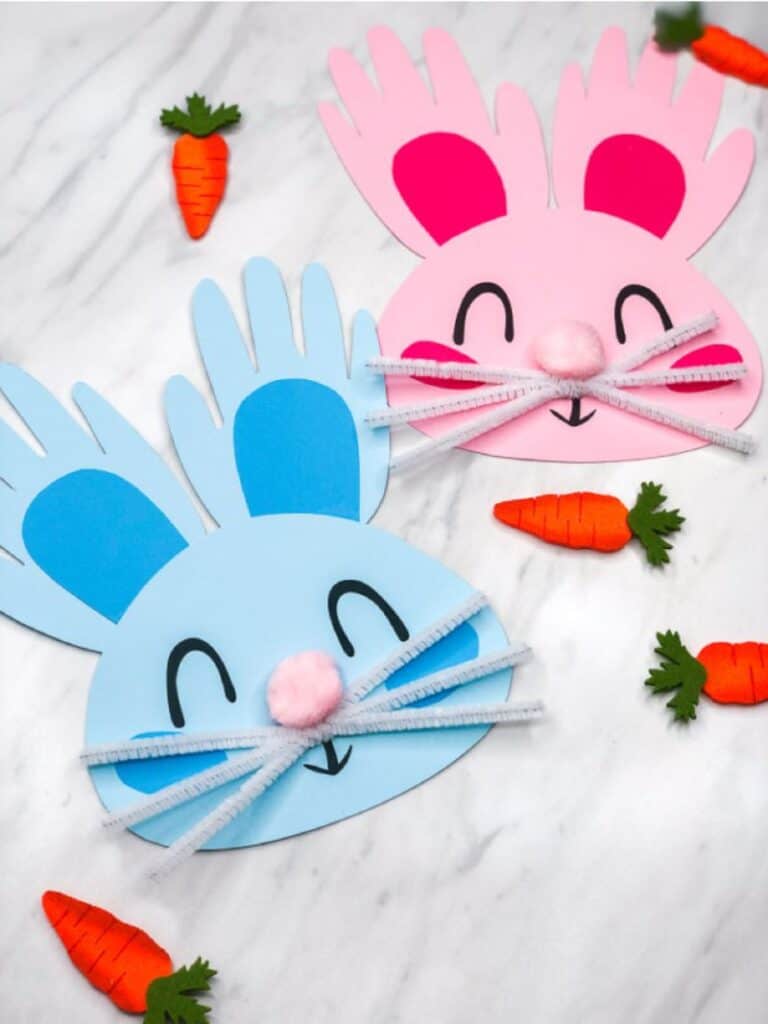 blue and pink handprint bunnies