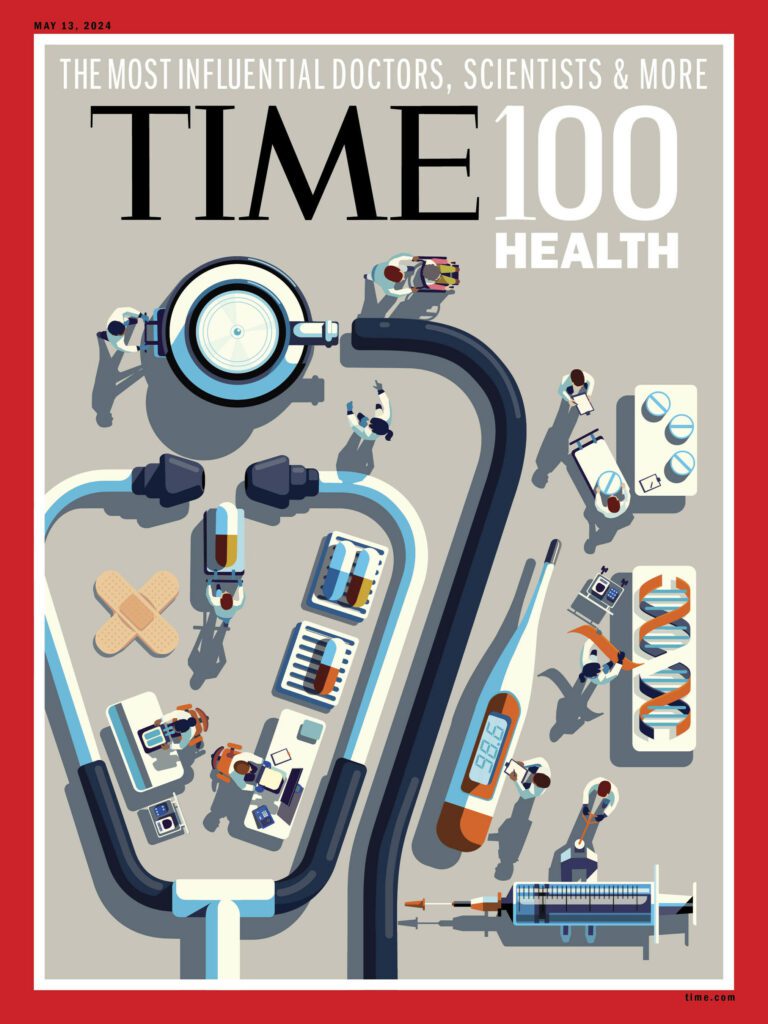 "TIME100 Health logo featuring people in various professions working together to shape the future of healthcare."