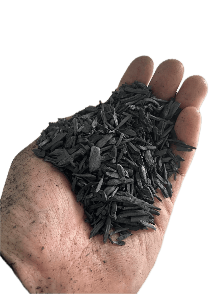 A hand holding small granulate biochar made from wood chips.
