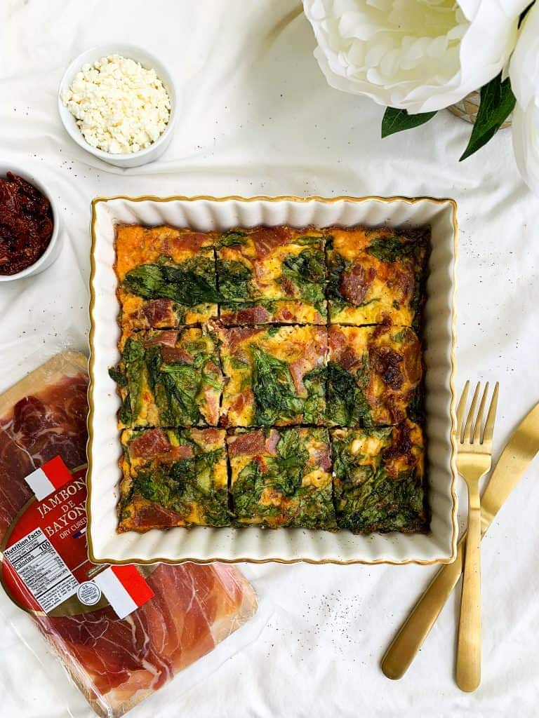 Healthy High-Protein Egg Bake Casserole with Ham, Feta, Spinach and Sun-dried Tomatoes