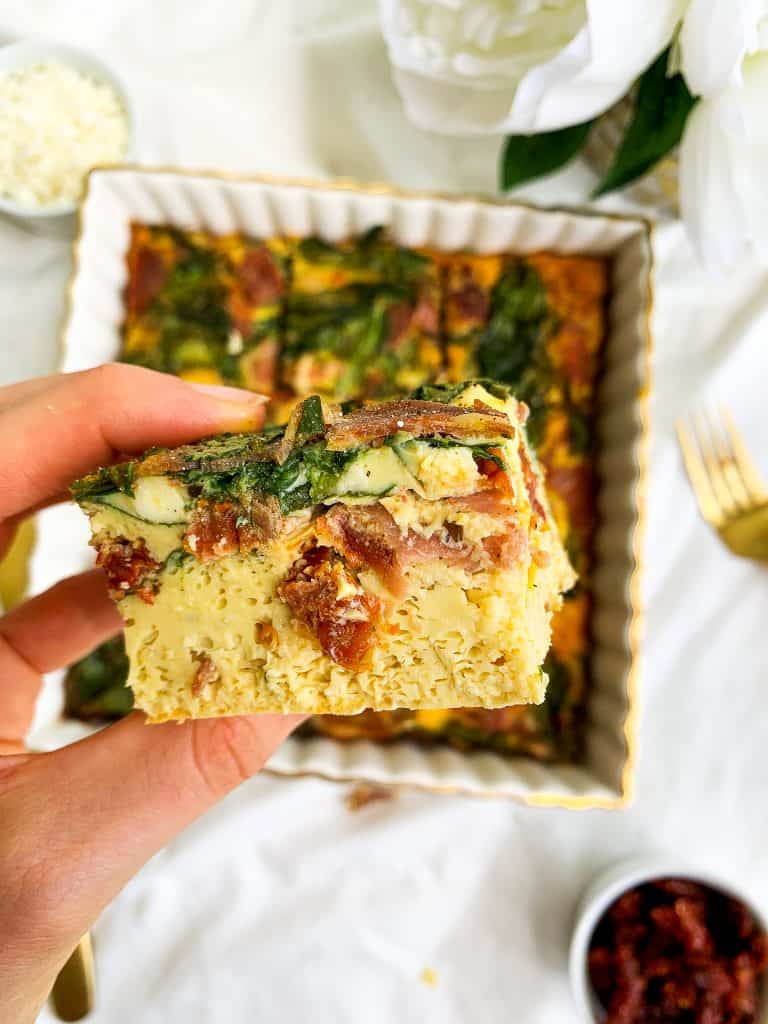 Healthy High-Protein Egg Bake Casserole with Ham, Feta, Spinach and Sun-dried Tomatoes