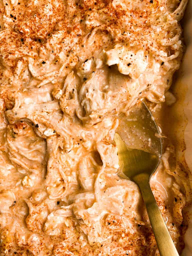 close up of buffalo chicken dip make with cottage cheese and greek yogurt