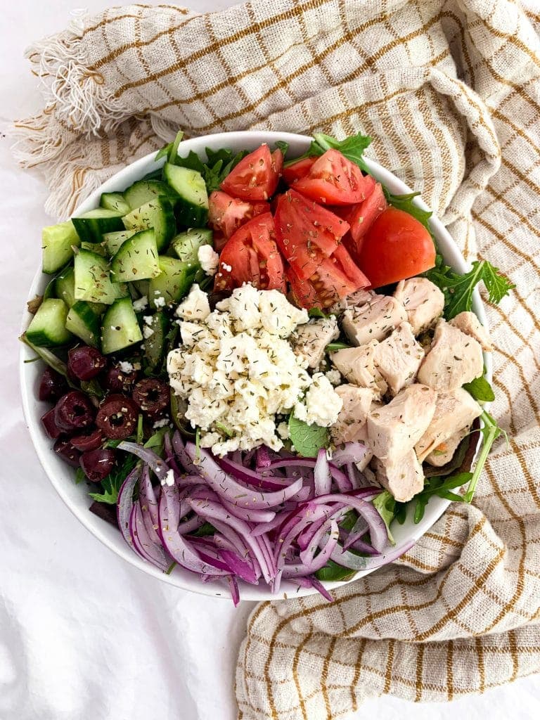 3 simple wholesome ingredients and packed with zesty Mediterranean flavor, this creamy vegan Greek salad dressing & simple greek salad are the perfect pair! #vegan #healthy #healthyrecipes Simple Greek Salad