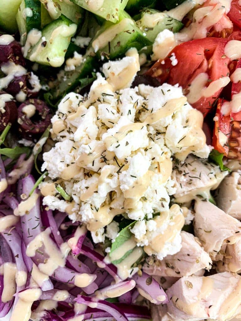 3 simple wholesome ingredients and packed with zesty Mediterranean flavor, this creamy vegan Greek salad dressing & simple greek salad are the perfect pair! #vegan #healthy #healthyrecipes Creamy 3 Ingredient Greek Salad Dressing | Vegan, Healthy Recipe