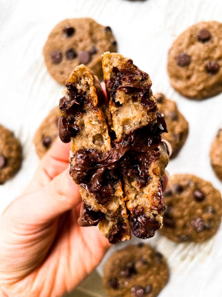 holding a steel cut oatmeal chocolate chip cookie that's broke in half
