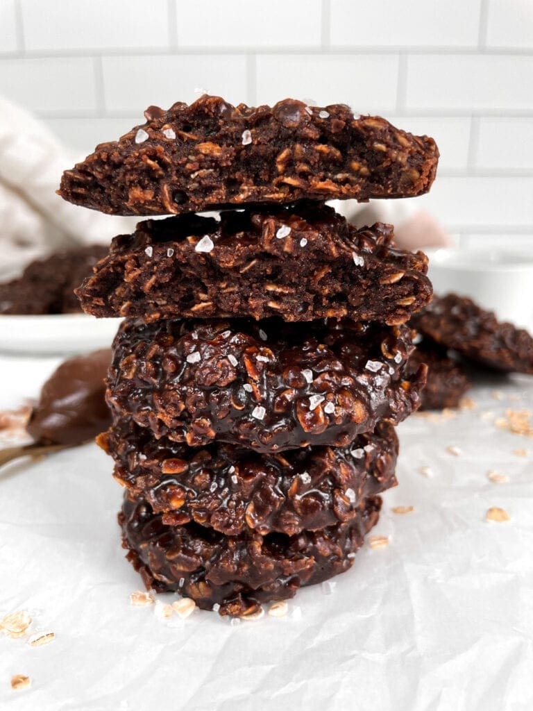 stack of four nutella no bake cookies on wax paper