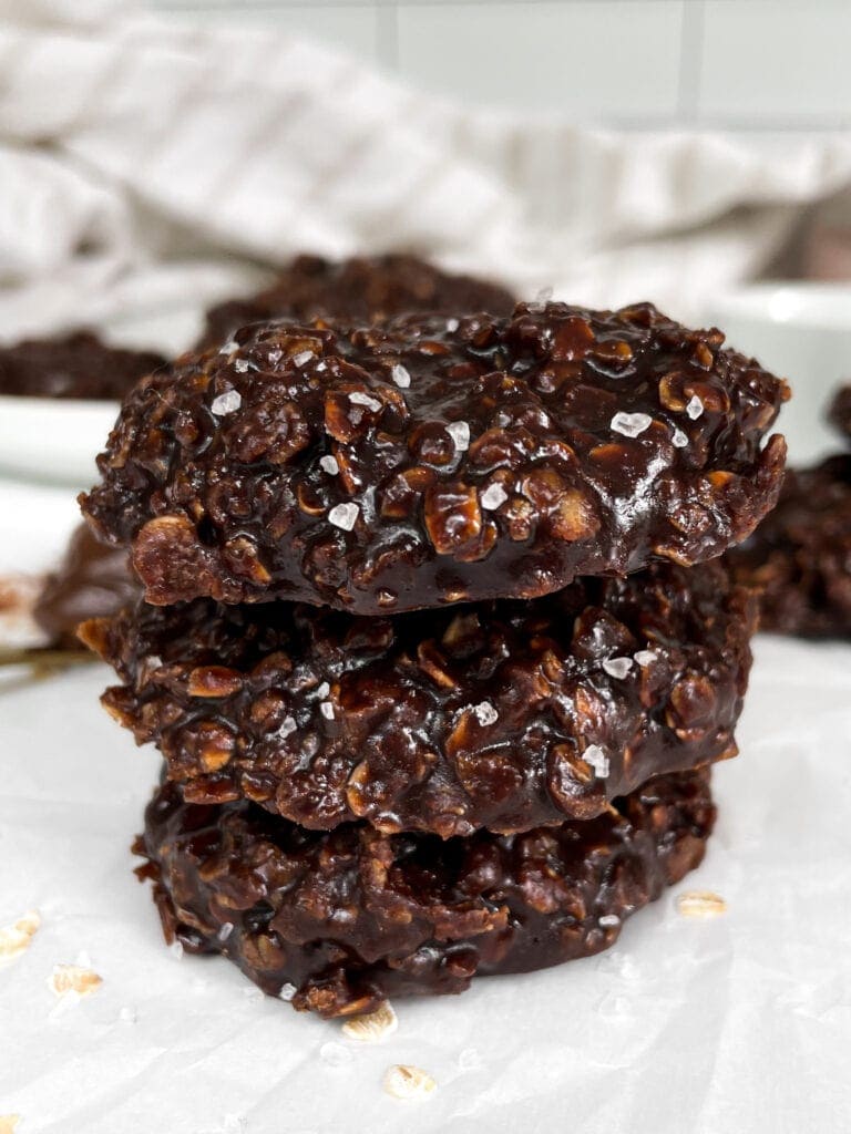 close up of three no bake nutalla cookies stacked on each other