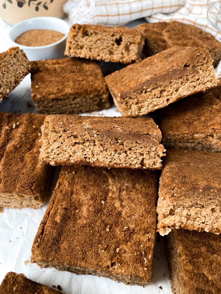 a fresh batch of snickerdoodle bars sliced into squares