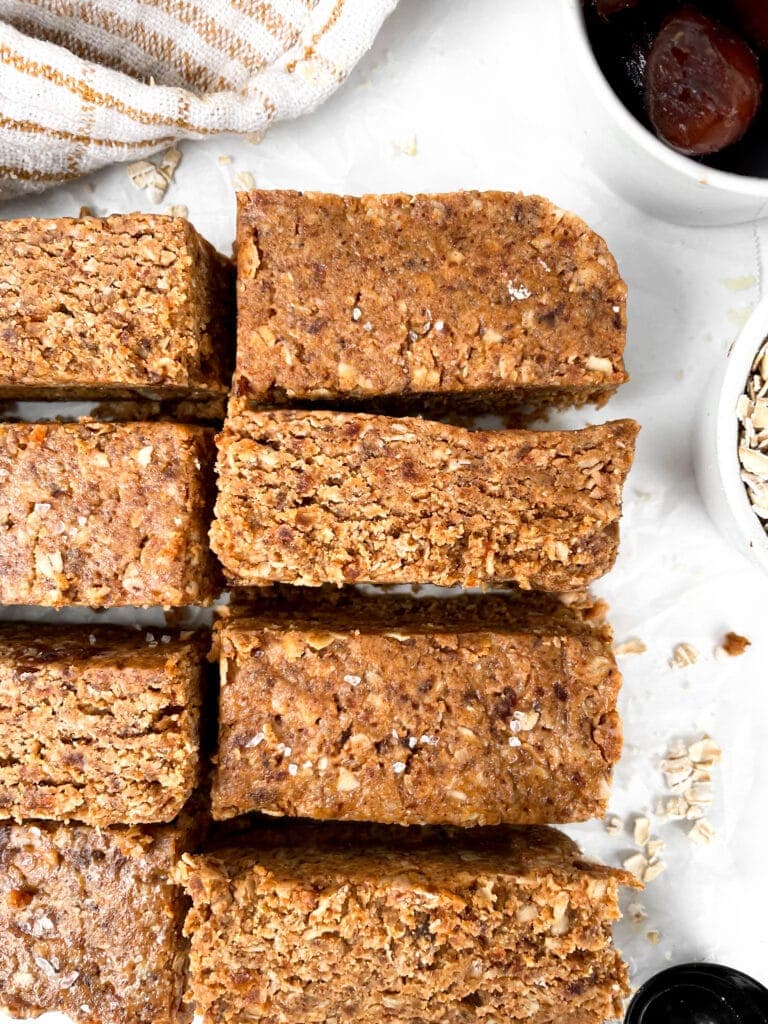 overhead shot of sliced oatmeal date bars