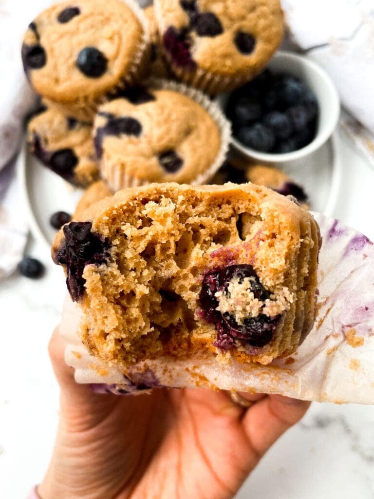 holding an oat flour blueberry muffin with a bite taken out