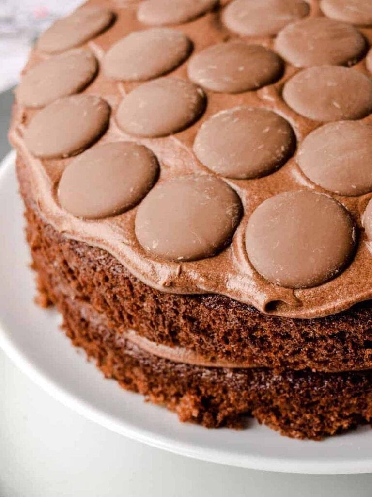 Close up of Farmersgirl kitchen's chocolate cake with giant chocolate buttons as decorations